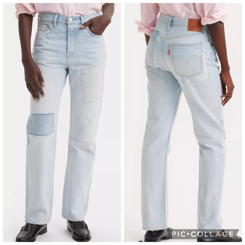 Levi's Premium Women's 501 Original Fit Blue Patchwork Straight Leg Jeans 31x30